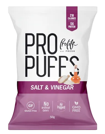 ProLife 13g Protein Air Popped Salt & Vinegar Puffs - gluten free, artificial colors free, GMO free 50gm
