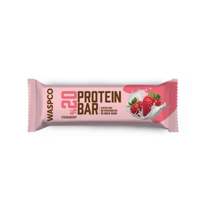 Waspco 20% Protein Bar Strawberry Flavor - no added sugar, gluten free, preservatives free