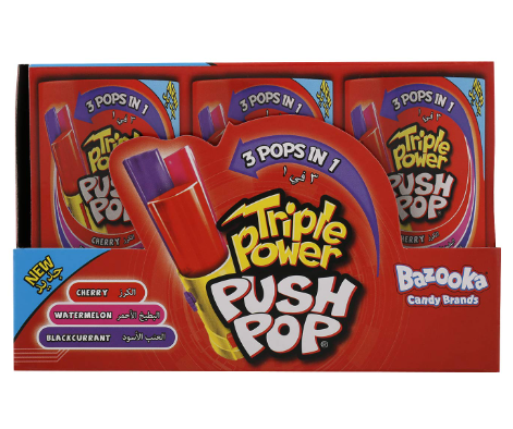Push Pop Triple Power Hard Candies Cherry, Watermelon & Blackcurrant Flavor 34GM