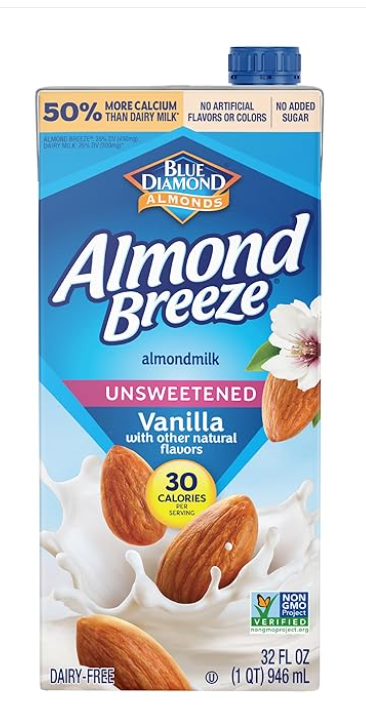 Blue Diamond Breeze Vegan Long Life Unsweetened Almond Drink Vanilla Flavor - gluten free, soy free, peanuts free