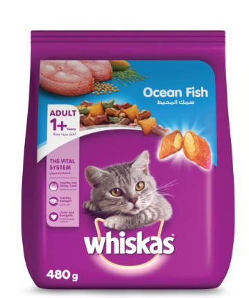 Whiskas Dry Food with Ocean Fish for Adult Cats (1+ Years) 480GM