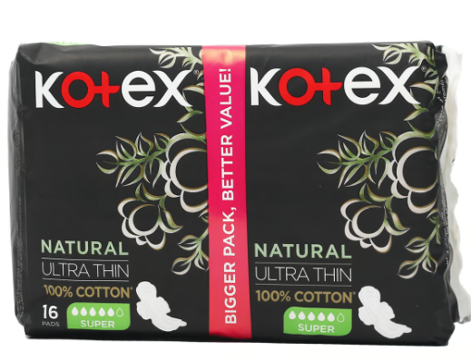 Kotex Hypoallergenic Super Ultra Thin Natural Cotton Sanitary Pads with Wings - plastic free, chlorine free, ink free