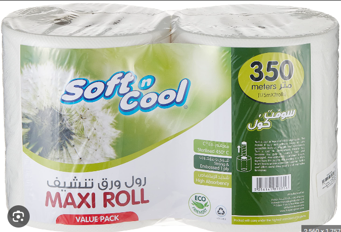 Soft n Cool Eco-Friendly Embossed 350m Maxi Kitchen Towel Rolls 1ply