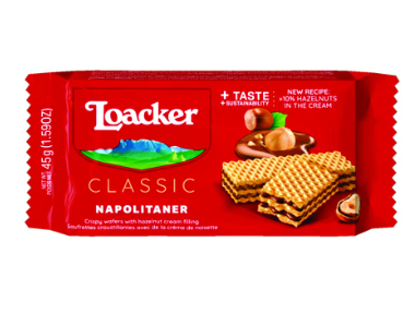 Loacker Napolitaner Crispy Wafer Filled with Hazelnut Cream - GMO free, preservative free, hydrogenated fat free