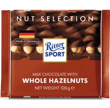 Ritter Sport Nut Selection Milk Chocolate Slab with Whole Roasted Hazelnut 100G