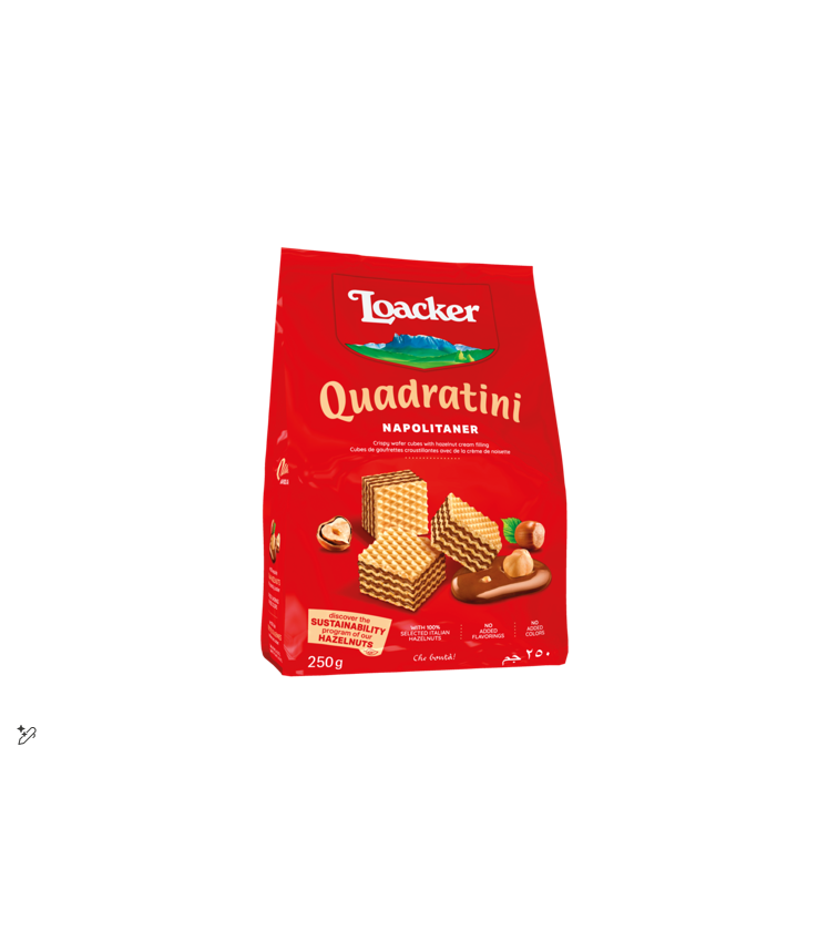 Loacker Quadratini Napolitaner Wafer Cubes Filled with Hazelnut Cream 250g