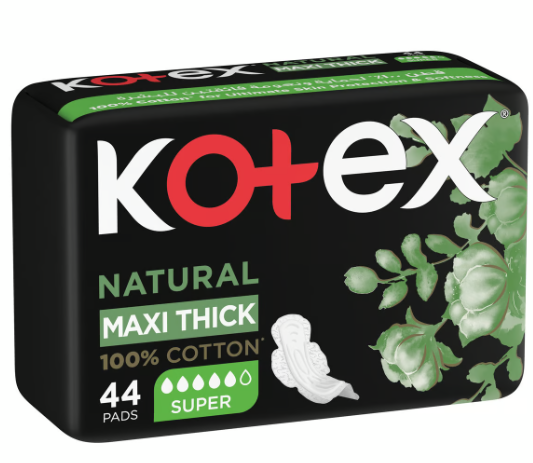 Kotex Hypoallergenic Super Maxi Protect Natural Cotton Sanitary Pads with Wings - plastic free, chlorine free, ink free
