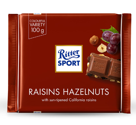 Ritter Sport Chocolate Slab with Raisins & Hazelnuts 100G