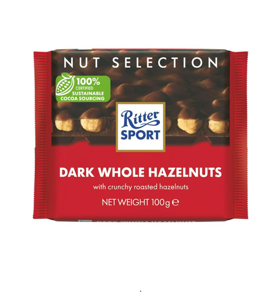 Ritter Sport Nut Selection Dark Chocolate Slab with Whole Roasted Hazelnuts