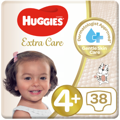 Huggies Extra Care Diapers - Size 4 Plus (10-16kg) - perfume free, latex free, elemental chlorine bleaching free
