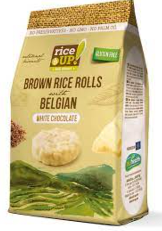 Rice Up Wholegrain Brown Rice Rolls Coated with Belgian White Chocolate - gluten free, preservatives free, palm oil free