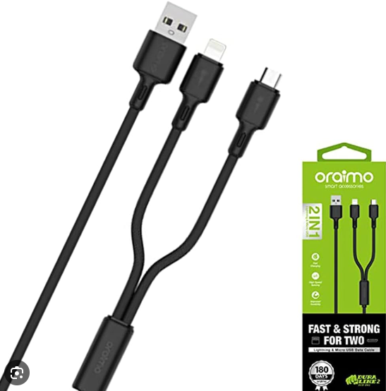 Oraimo 2in1 Fast & Strong Lightning & Micro USB to USB Cable - Black