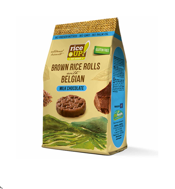Rice Up Wholegrain Brown Rice Rolls with Belgian Milk Chocolate - gluten free, preservatives free, palm oil free 50GM