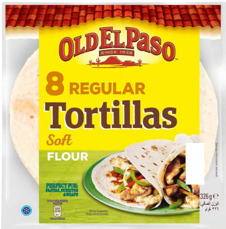 OLD EL PASO REGULAR SOFT FLOUR TORTILLA WRAPS (8pcs) PRESERVATIVES FREE 326g