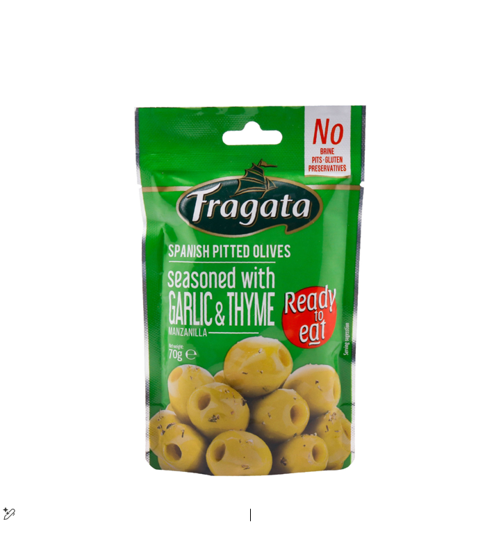 Fragata Spanish Pitted Green Olives Seasoned with Garlic & Thyme Manzanilla 70GM