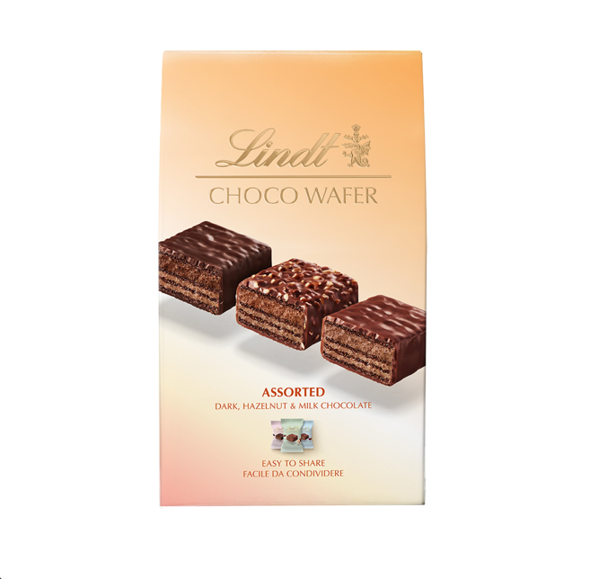 LINDT CHOCO WAFER ASSORTED DARK, HAZELNUT, & MILK CHOCOLATE 138GM