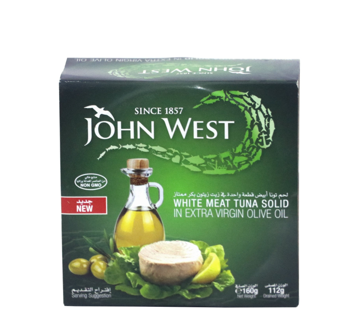 JOHN WEST WHITE MEAT TUNA SOLID IN EXTRA VIRGIN OLIVE OIL 160GM