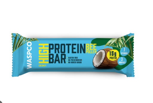 WASPCO Coconut 15g Protein Bar with Bee Pollen - gluten free, preservative free, no added sugar
