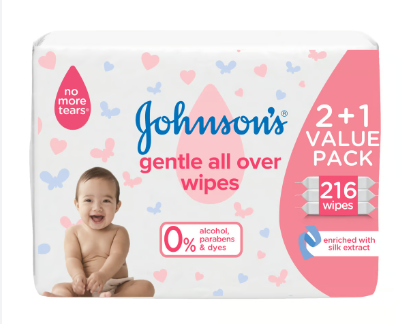 Johnson's Gentle All Over Baby Wipes Enriched with Silk Extract (2+1 Free) - alcohol free, parabens free, dye free