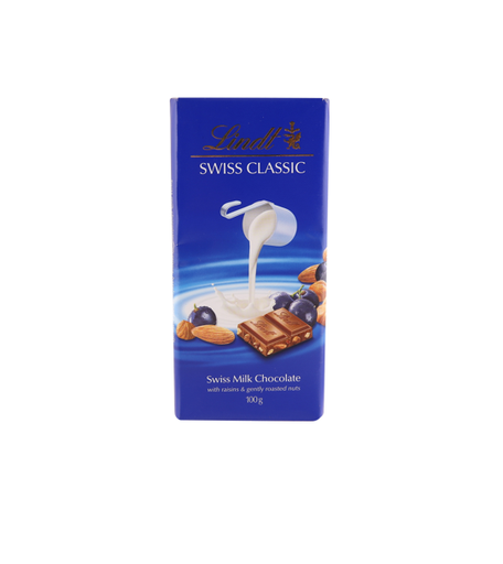 [LIND7698] Lindt Swiss Classic Milk Chocolate Slab with Raisins, Roasted Hazelnuts & Almonds 100g