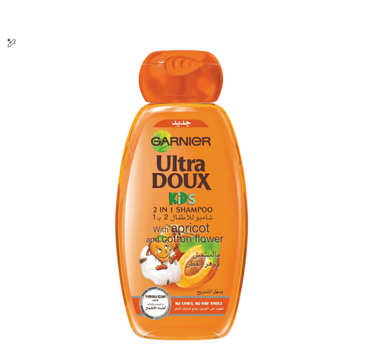 Garnier Ultra Doux Kids Hypoallergenic 2in1 Detangling Shampoo with Apricot & Cotton Flower Extracts for All Hair Types - silicone free, animal derivatives free, tear free