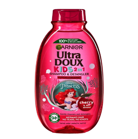 Garnier Ultra Doux Kids Hypoallergenic 2in1 Detangling Shampoo with Cherry & Soft Almonds Extracts - silicone free, animal derivatives free, tear free
