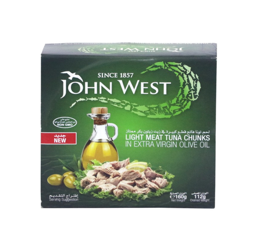 [CN-JW05-01] JOHN WEST LIGHT MEAT TUNA CHUNKS IN EXTRA VIRGIN OLIVE OIL 160GM