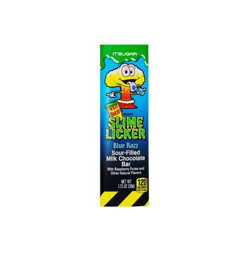 [850034597232] SLIM LICKER BLUE RAZZ SOUR FILLED MILK CHOCOLATE BAR 