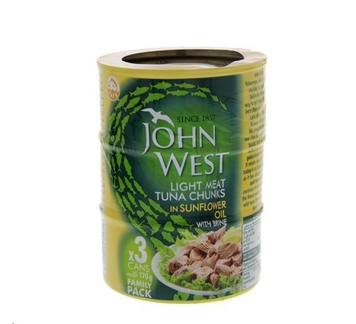 [CN-JW04-01] JOHN WEST LIGHT MEAT TUNA CHUNKS IN SUNFLOWER OIL 3X170GM